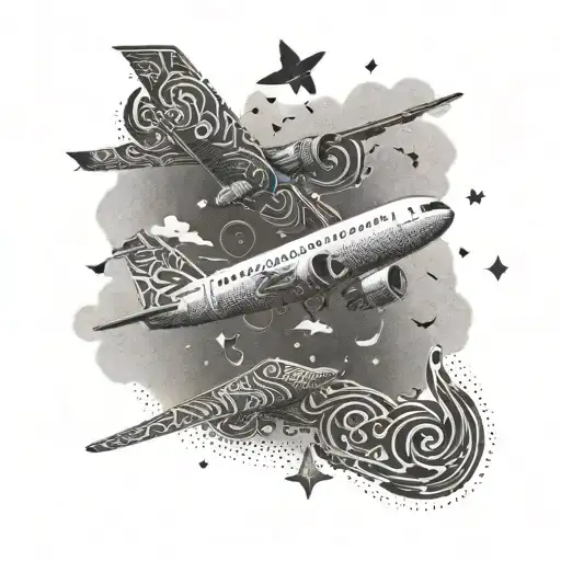 An Airplane With Musical Notes Flying Out Of It In A Dotwork Style