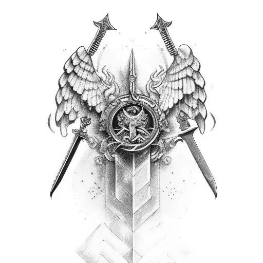 Sword With Veni Vidi Vici In The Middle With Angle Wings On Top