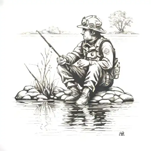 A Dotwork Tattoo Of A Firefighter Paramedic Sitting By A Tranquil Lake While Fishing