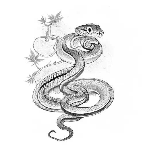Snake With Symbols And Cherry Blossoms