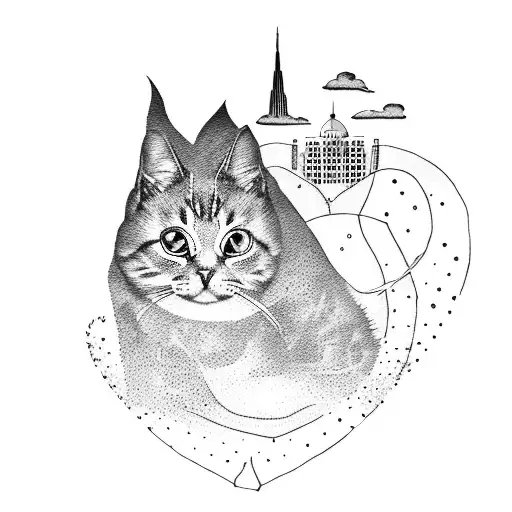 A Dotwork Tattoo Of A Heart-shaped Cat Silhouette With The London Skyline Inside