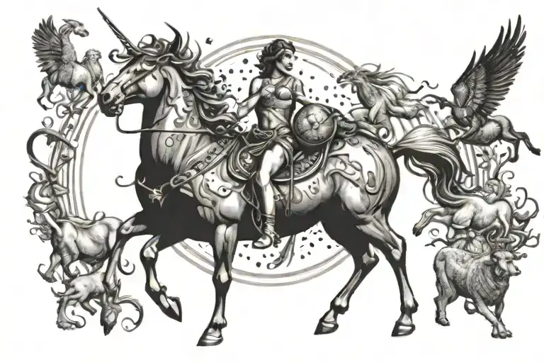 A Fierce Sagittarius Centaur Surrounded By A Variety Of Animals In Dotwork Style
