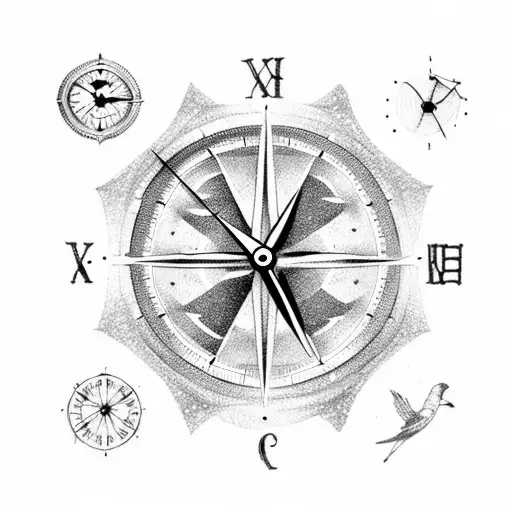 Clock And Compass With Hourglass