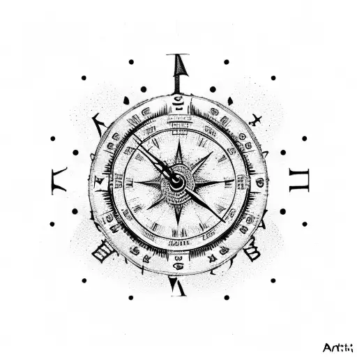 Clock And Compass With Hourglass