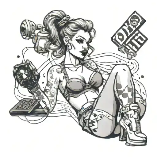 A Pin-up Style Mechanic Girl With Gaming Controller Tattoos On Her Arms