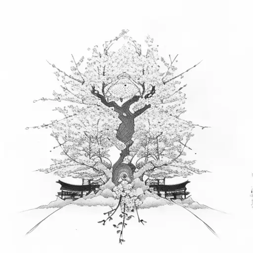 A Cherry Blossom Tree With Samurai Armor Hanging From Its Branches