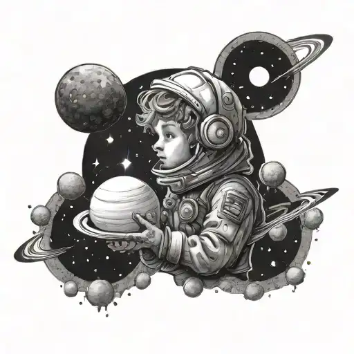 Lost Boy In Space Surrounded By Planets Looking Submissively