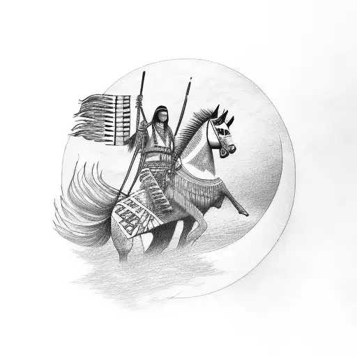 A Native American Indian Riding A Horse Against A Backdrop Of A Setting Sun