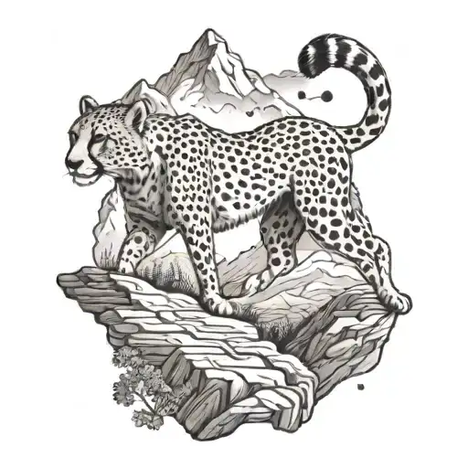 A Cheetah Running Through A Mountain Landscape With A Music Staff In The Background
