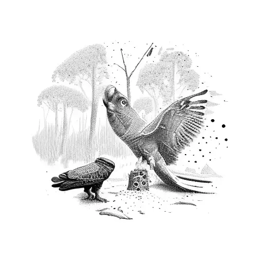 A Dotwork Tattoo Of A Wildlife Biologist Photographing A Bird Of Prey In Its Natural Habitat