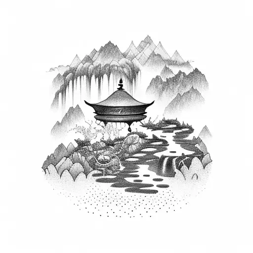 A Dotwork Tattoo Of A Serene Tea Garden With A Waterfall In The Background