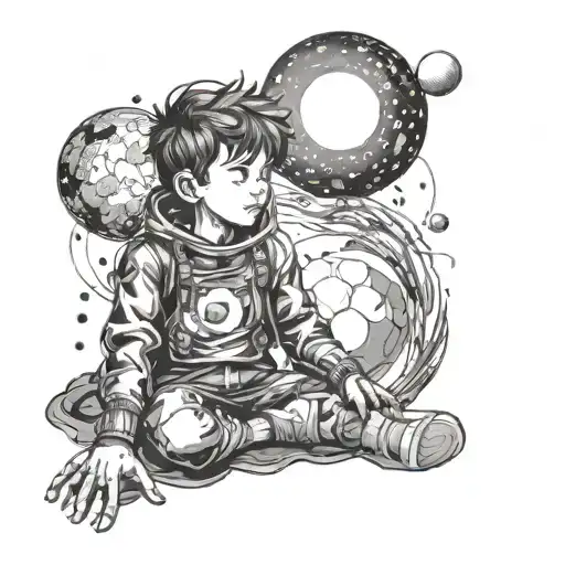 A Boy Sitting In Space Looking At Orbs Representing Souls