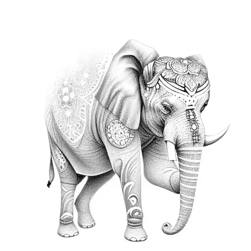 A Dotwork Tattoo Of An Elephant Adorned With Flowers