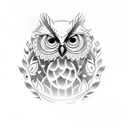 A Up Half Sleeve With An Owl In The Center And Five Flowers Around It