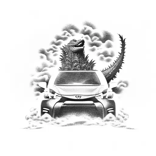 Godzilla In A Toyota Yaris With His Head Out The Window Happy