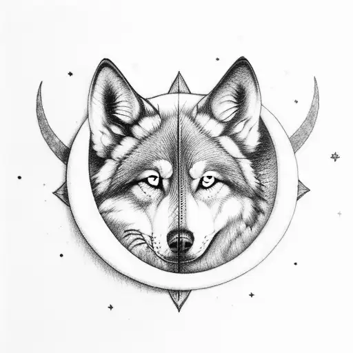 A Celestial Wolf And Dog Playing Under A Crescent Moon By A Serene Lake