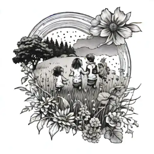 Children Playing In A Field Of Wildflowers Under A Rainbow Sky
