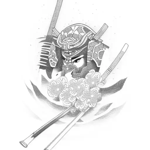 Samurai With Japanese Flowers Around Him