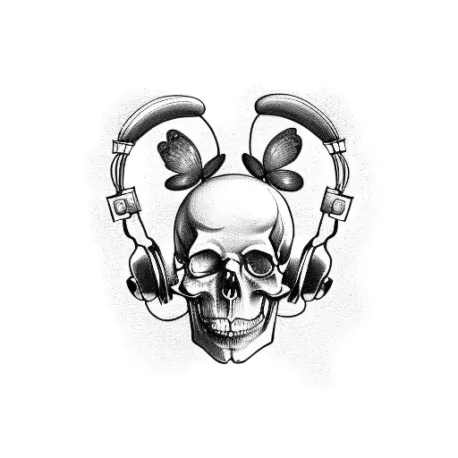 A Skull With Headphones Surrounded By Roses And Butterflies