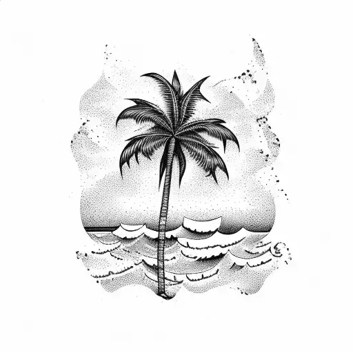 A Dotwork Tattoo Of A Palm Tree On A Beach With Waves Crashing In The Background