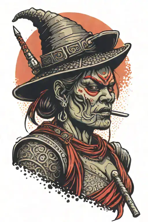 Ogre Woman With Samurai Horns With A Katana In Her Hands And A Straw Hat On A Red Sunset