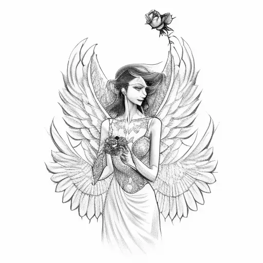 Lady With Angel Wings Holding A Rose