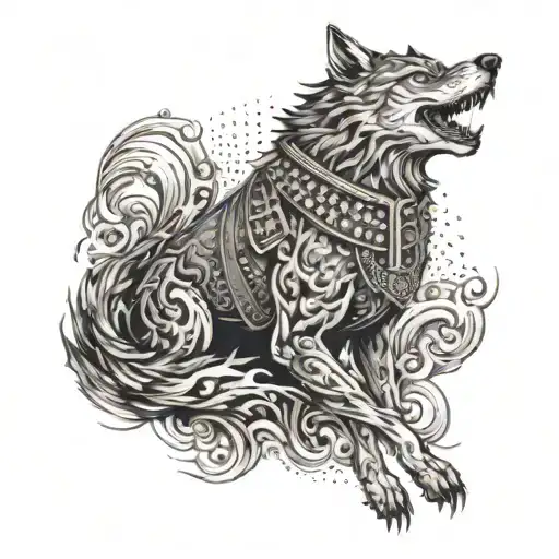 An Intricate Design Of A Wolf And Samurai Locked In Combat Symbolizing Inner Strength