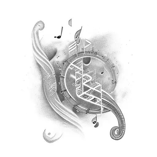 A Dotwork Tattoo Of A Heartbeat Line With Musical Notes Flowing Along The Line