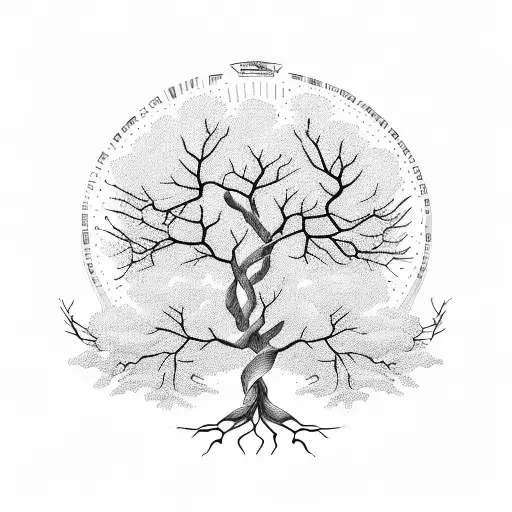 A Family Tree With Strong Roots And Branches Symbolizing Strength And Unity In A Dotwork Style