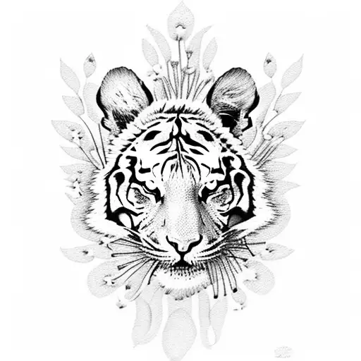 Tiger Surrounded By Lilies And Daisies