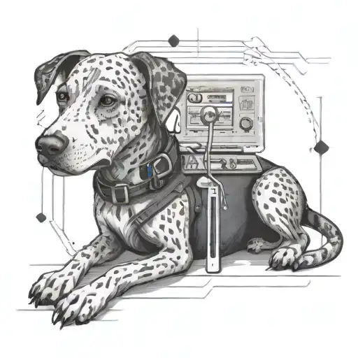 Create A Tattoo Of A Developer Coding With A Dog By Their Side In A Dotwork Style