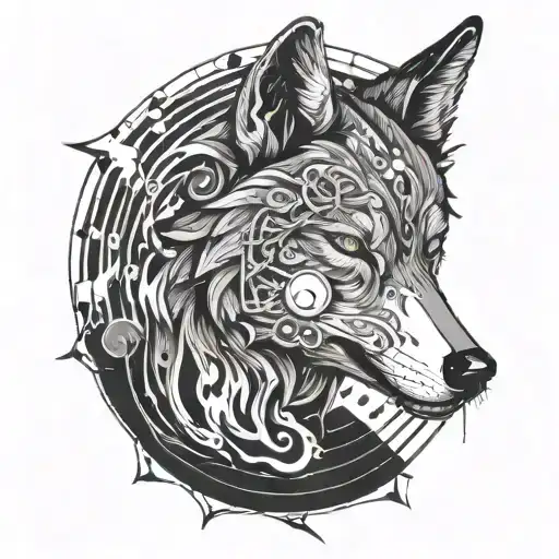 A Wolf's Head Morphing Into A Vinyl Record With Music Notes Swirling Around It