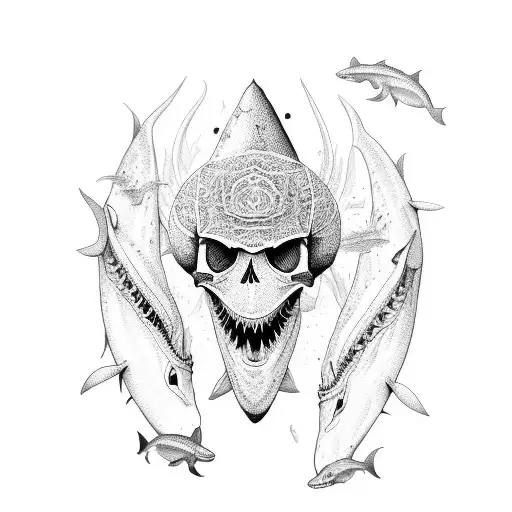 An Intricate Dotwork Design Featuring A School Of Sharks Circling Around A Skull