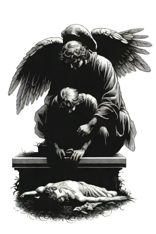 Guardian Angel Man Near A Girl Lying On The Grave