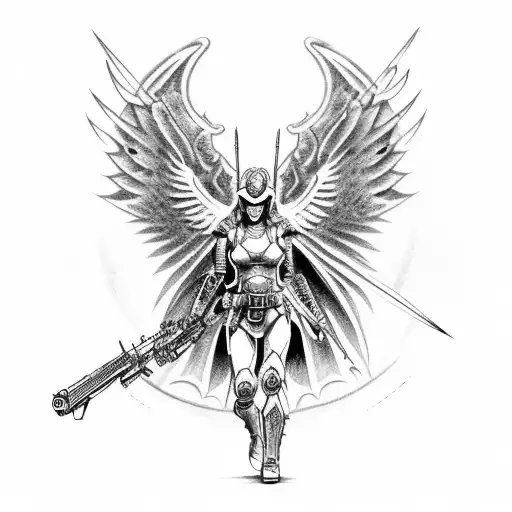 A Devilish Angel Warrior In Military Attire Wielding A Robotic Weapon