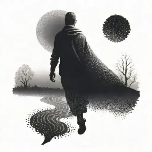 A Dotwork Tattoo Of A Mysterious Figure Following A Shadowy Path Into The Dark