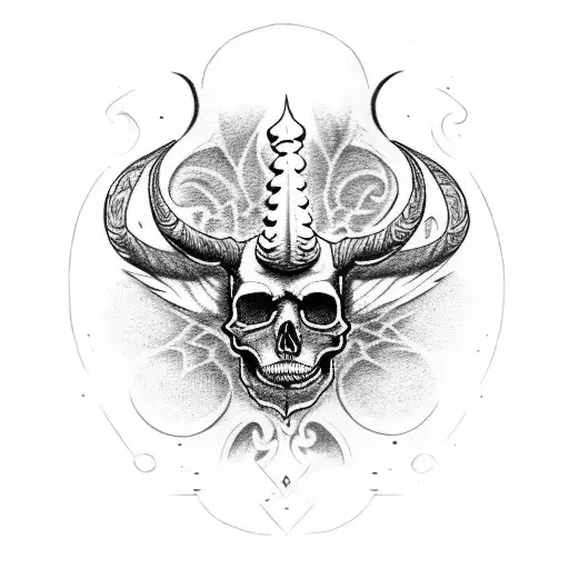 Dotwork Tattoo Of A Skull With Baphomet Horns And Occult Symbols