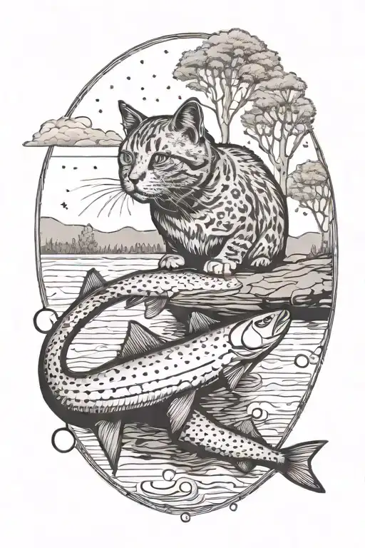 A Nature Scene With Jarvis The Cat Fishing In A Serene Lake