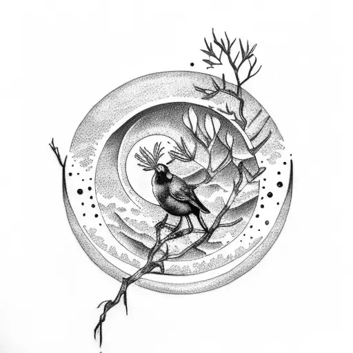 A Dotwork Tattoo Of A Corvo Perched On A Branch With A Moon In The Background