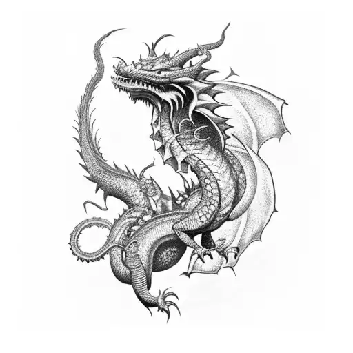 A Dotwork Tattoo Of A Wyrm Dragon Wrapped Around A Bookshelf Filled With Fantasy Novels