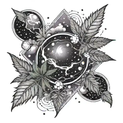 A Cosmic Galaxy Tattoo With Planets Made Of Cannabis Leaves And Smoke Clouds