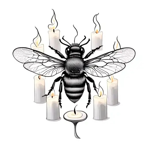 A Symmetrical Tattoo Of A Honey Bee Surrounded By Burning Pillar Candles