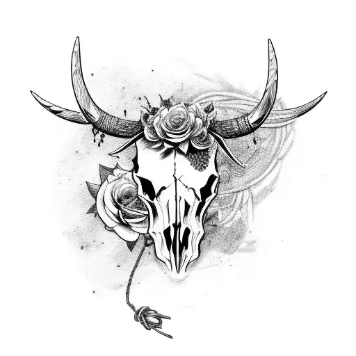A Bull Skull With Barbed Wired And Roses Wrapped Around The Horns