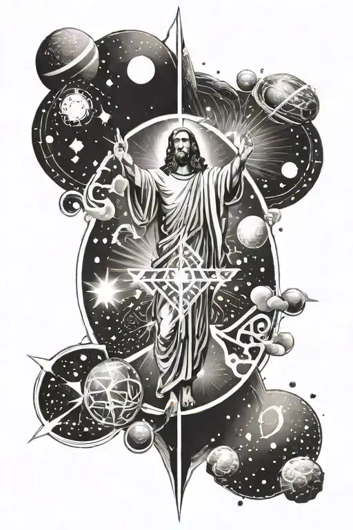 A Tattoo Combining Space Elements With Jesus Imagery