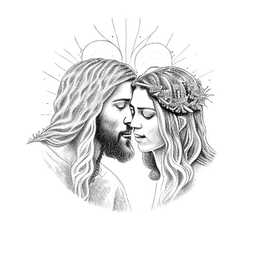 An Intricate Dotwork Design Featuring Jesus Christ And Maria Embracing Each Other