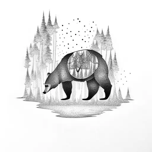A Dotwork Tattoo Showcasing A Bear Walking On A Tightrope Between Tall Trees In A Forest