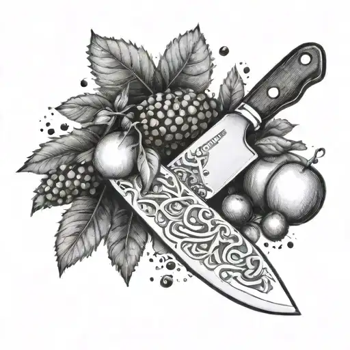 A Chef's Knife Morphing Into A Tree Branch With Various Fruits Hanging Off Of It