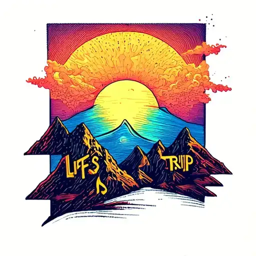 A Psychedelic Tattoo Of A Sun Setting Over A Mountain Range With The Words 'Life Is A Trip'