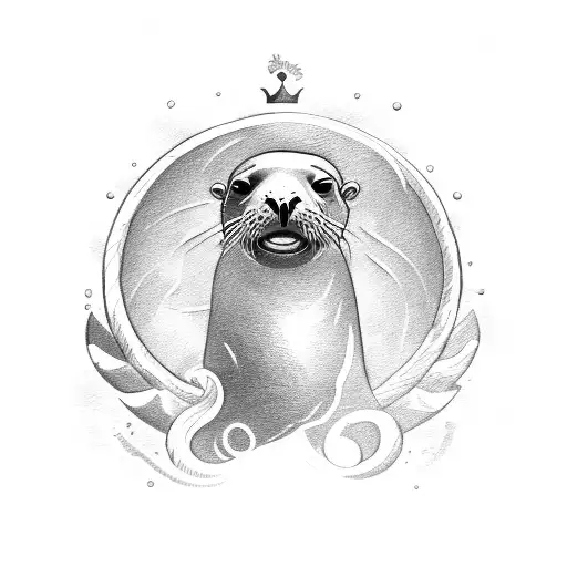 Sea Lion Holding A Trident With A Crown Floating Above Its Head