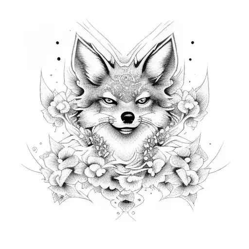 Kitsune Cherryblossom Black And White